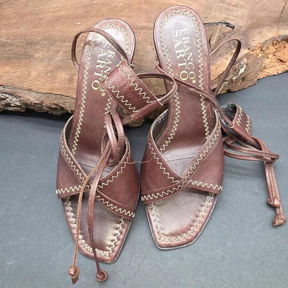 Resort Franco Sarto Wedge Sandals W 7M Brown Leather LaceUp ZigZag Stitch Casual